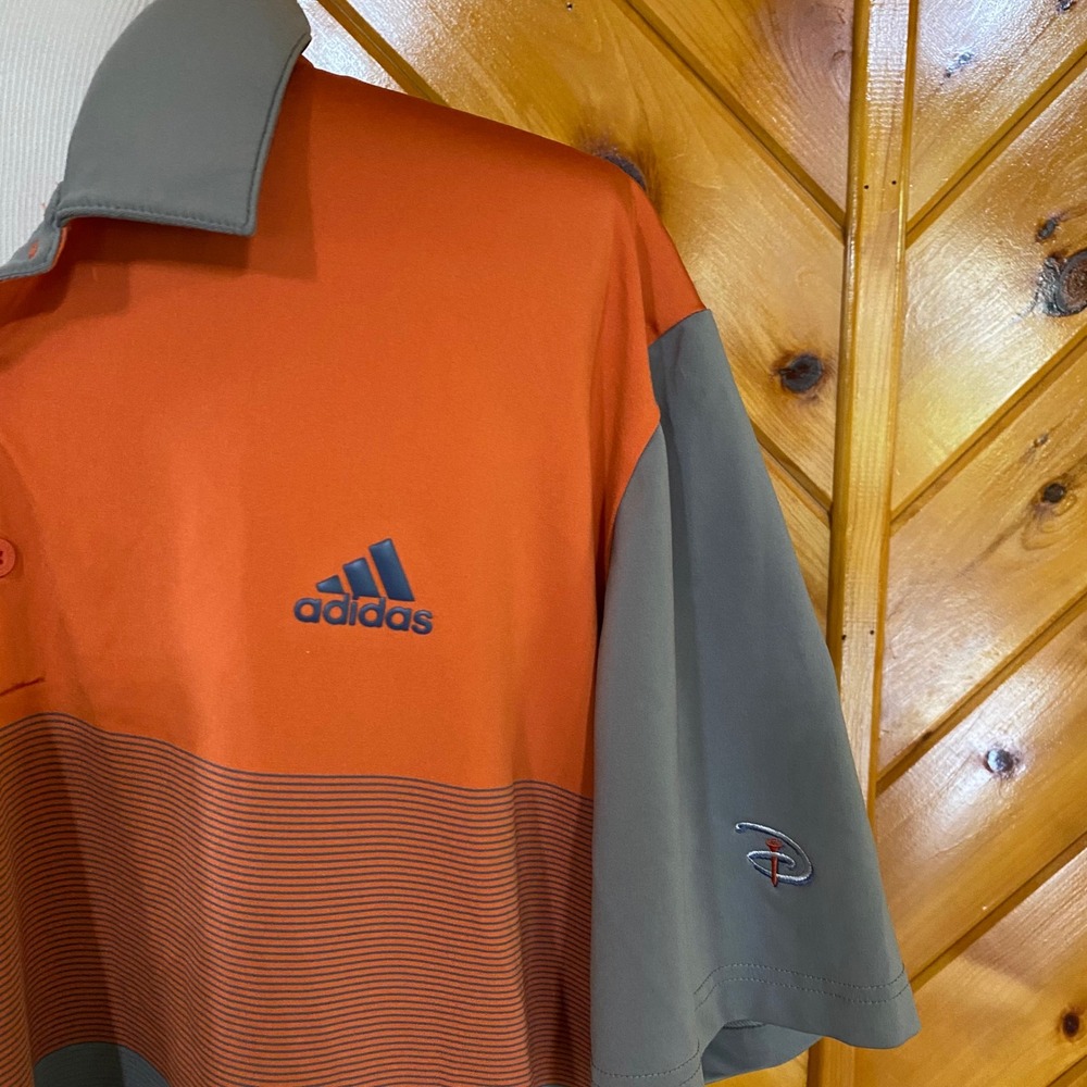 Adidas Golf Polo Shirt Men's 2XL Orange Gray Stripe Disney Golf Tournament